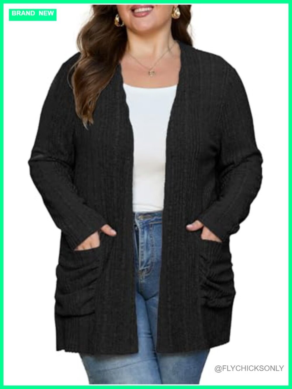 Plus Size Open Front Ribbed Cardigan Sweater with Pockets